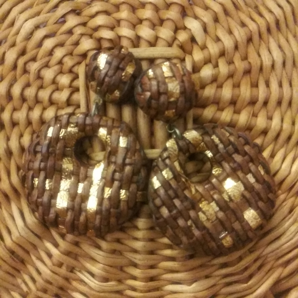 Vintage Brown Leather Hoop Circle Earrings Braided Gold Leaf Drop Boho Bohemian